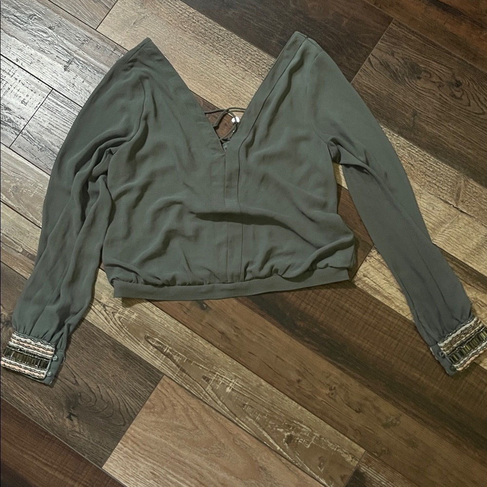 BKE Olive Green Blouse with Embellished Cuffs
